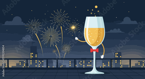 Celebrating New Year With Champagne On The Balcony Watching Fireworks
