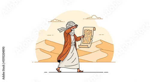 Arabian Explorer Navigating Through Desert Sands Using Ancient Map Illustration