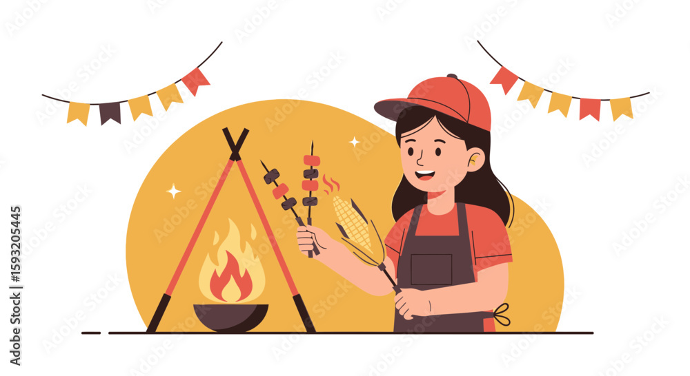 Fototapeta premium Charming Illustration Of Young Woman Grilling Skewers Over Campfire During Summer Vacation