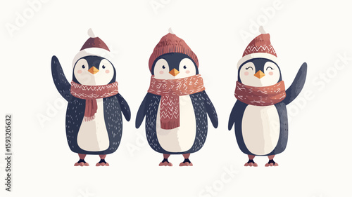 Adorable penguin characters in winter outfits