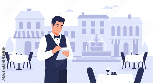 Charming Restaurant Scene With Waiter Taking Orders In A Picturesque European Setting