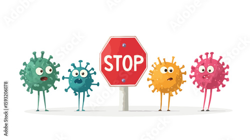 Adorable Virus Characters on Stop Sign