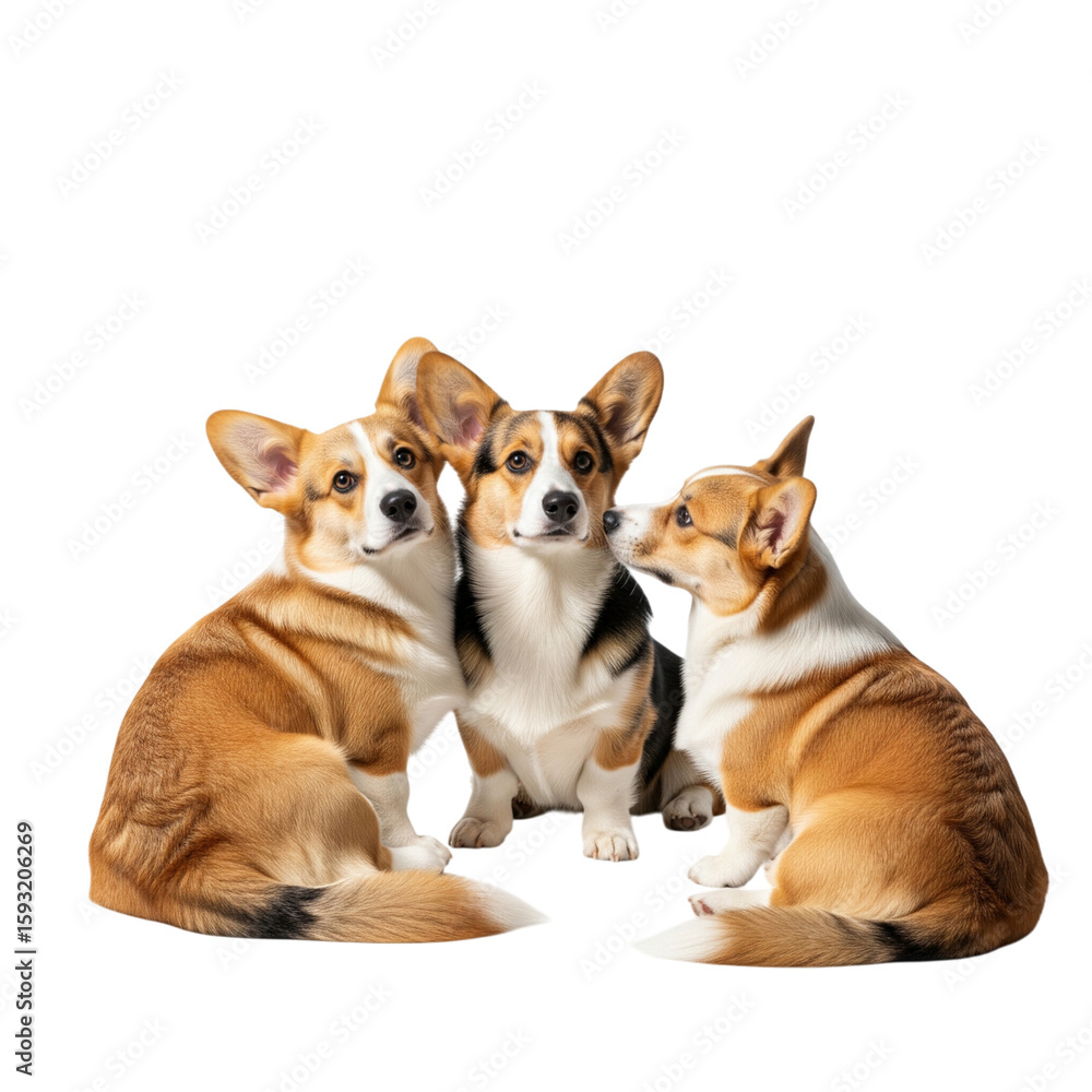 Three adorable corgi dogs pose together, showcasing their charming expressions and beautiful coats in a delightful composition. Three adorable corgi dogs pose together, showcasing their charming expressions and beautiful coats in a delightful composition.