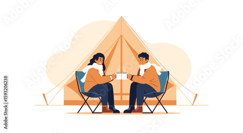 Cozy Camping Trip Couple Sharing Drinks Near Tent Illustration Design