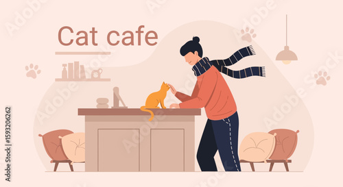 Cozy Cat Cafe Scene Young Woman Interacting With Ginger Pet Animal Friendship