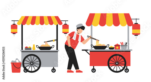 Asian Street Food Scene Featuring Vendor And Two Colorful Noodle Carts