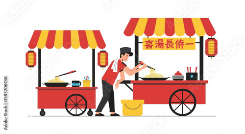 Asian Cuisine Vendor Cooking Noodles At His Traditional Street Food Stall