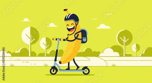 Cheerful Banana Character Riding Scooter In A Park Landscape Illustration Concept