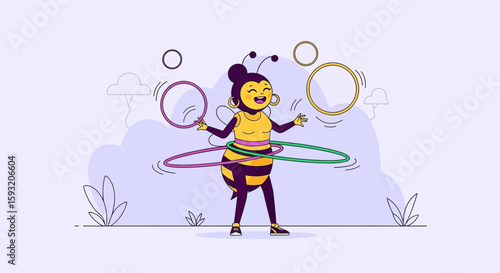 Cheerful Bee Character Juggling Hula Hoops Enjoying Active And Playful Fitness