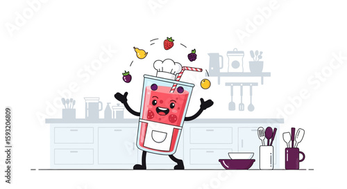 Cheerful Berry Smoothie Chef Juggling Fruits in Kitchen Culinary Creation