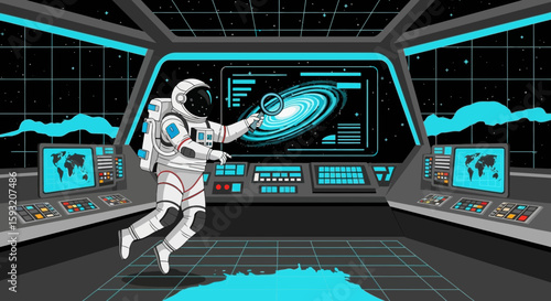 Astronaut Observing Galaxy Inside Spaceship Illustration In The Space