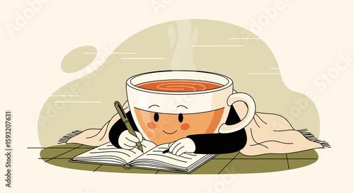 Cozy Tea Character Writing in Journal With Blanket For Morning Routine Illustration