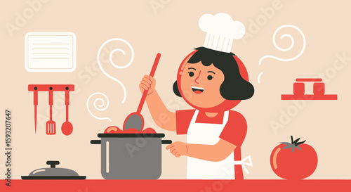 Cheerful Chef Cooking Delicious Meal At Home In Modern Minimalist Style Kitchen