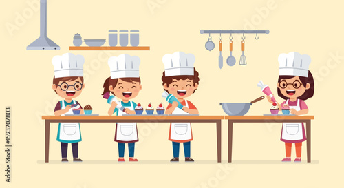 Cheerful Children Baking Cupcakes Together In A Kitchen Having Fun