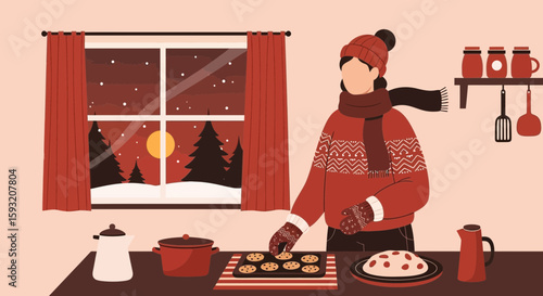 Cozy Winter Baking Scene Woman Preparing Cookies With A Snowy Landscape