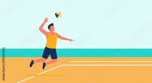 Athlete Preparing To Serve Volleyball On Beach Court Illustration
