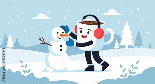 Cheerful Coffee Cup Building A Snowman In Winter Wonderland Scene Cartoon