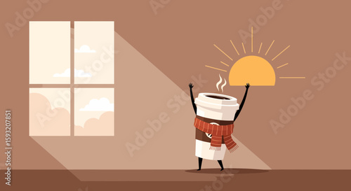 Cheerful Coffee Cup Warms the Room with Morning Sunbeams and Cozy Energy