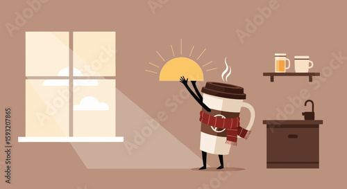 Cheerful Coffee Cup Welcomes Morning Sunshine With A Cozy Scarf In A Mellow Room