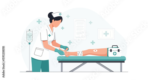 Attentive Nurse Wrapping Patient's Ankle In Hospital Minimalist Illustration