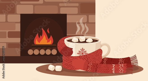Cozy Winter Evening Scene With Fireplace Hot Chocolate And Scarf Still Life