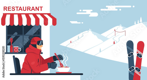 Cozy Winter Lunch Break At A Ski Resort Restaurant With Scenic Mountain Views