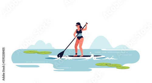 Attractive Woman Stand Up Paddleboarding On A Scenic River During Summer Season