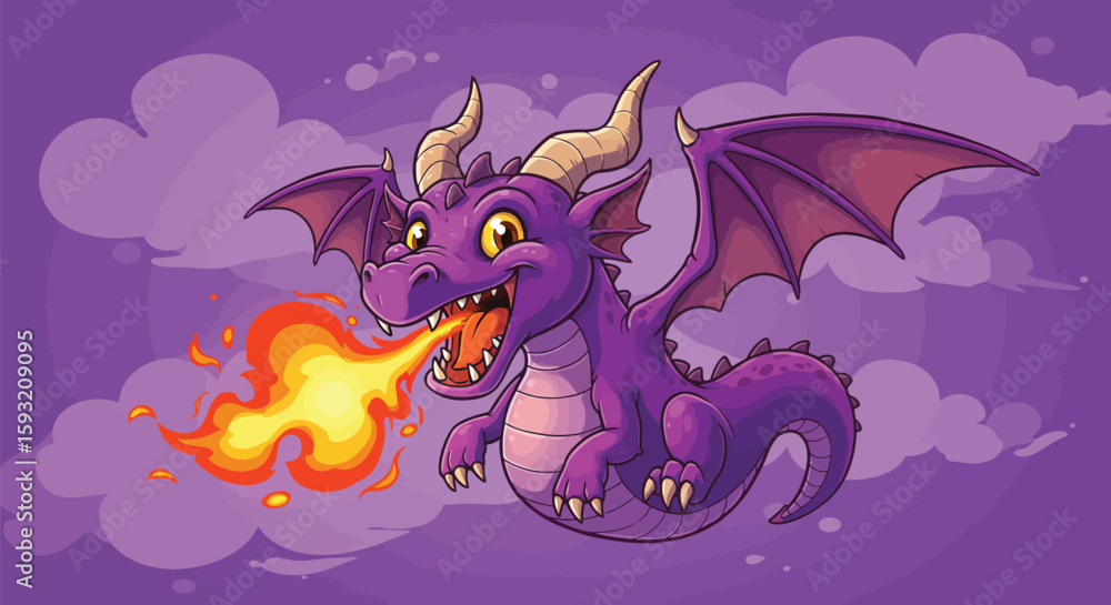 Obraz premium Purple Dragon Breathing Fire in the Sky