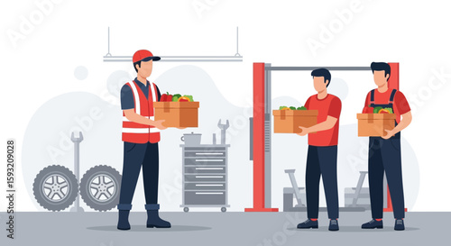 Auto Mechanics Workers Receiving Healthy Food Boxes at Garage Delivery Service