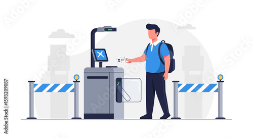 Automated Travel: Man Scanning His Ticket At A Self-Service Kiosk In Airport