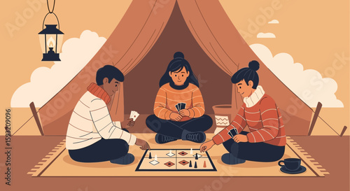 Cheerful Friends Playing Board Game Inside Tent During Cozy Glamping Vacation