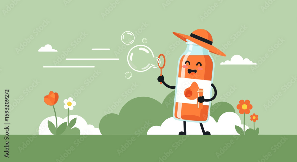 Fototapeta premium Cheerful Juice Character Blowing Bubbles On a Summer Day Outdoors