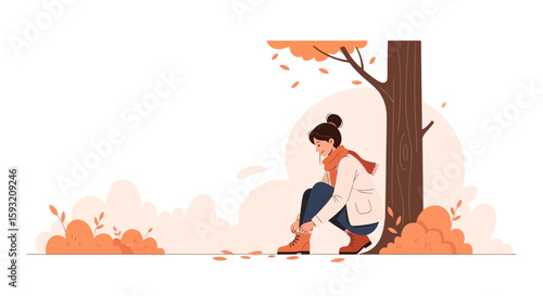 Autumnal Solitude A Girl Adjusting Her Boots Near a Rustic Tree