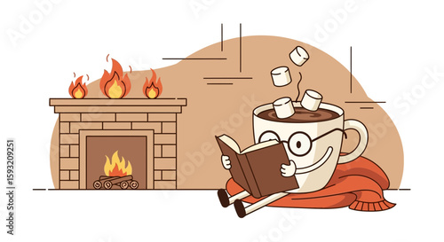 Cozy Winter Scene With Hot Chocolate Reading By A Fireplace