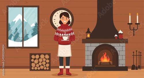 Cozy Winter Scene With Woman By Fireplace Holding Hot Drink Indoors