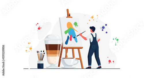 Creative Art Studio Scene Featuring an Artist Working on Painting with Coffee