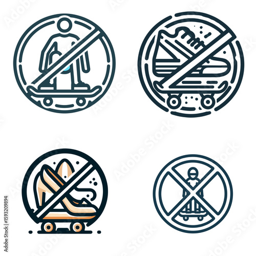 Skateboarding prohibition symbols in minimal line art style  