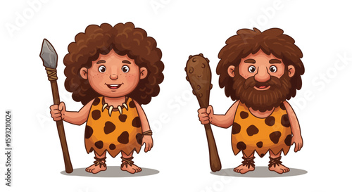 Caveman and Cavewoman in Prehistoric Clothing with Tools
