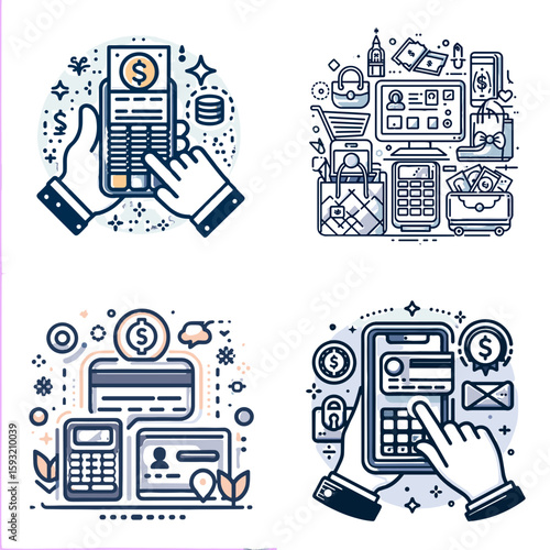 Payment mode icons and illustrations depicting digital transactions  