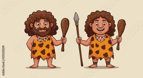 Caveman and Cavewoman in Prehistoric Clothing with Tools