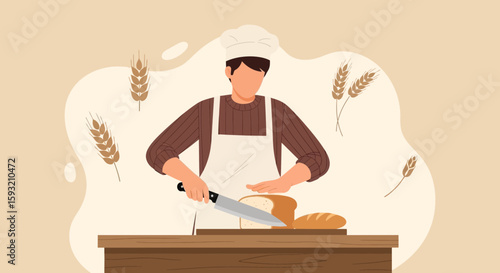 Baker Slicing Bread With A Sharp Knife In A Bakery Kitchen Illustration