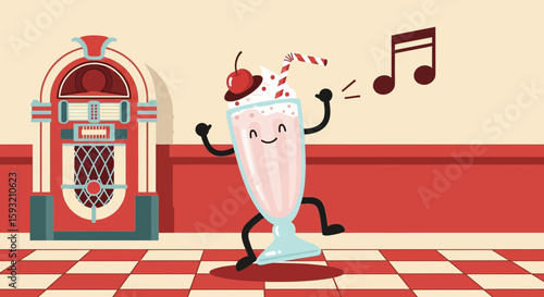 Cheerful Milkshake Dancing To Music Near Jukebox On Checkered Floor Illustration