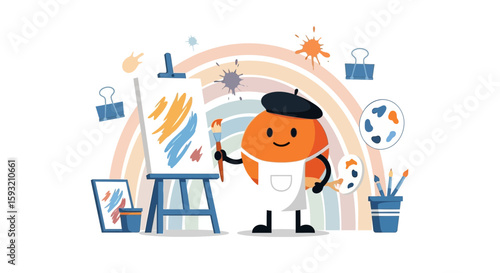 Cheerful Orange Character Expressing Creativity Through Painting in a Colorful Studio