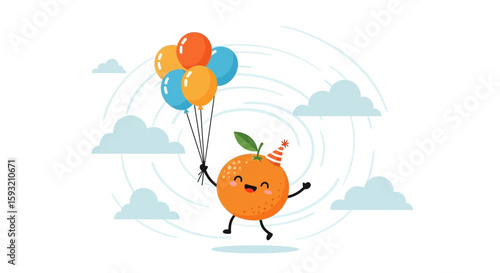 Cheerful Orange Character With Balloons Celebrating A Birthday In The Sky