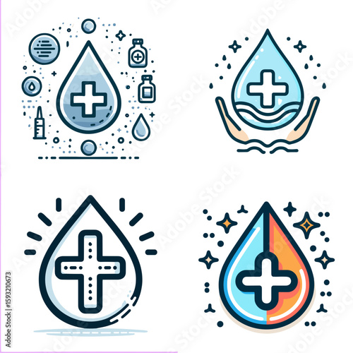 Water drop with cross in various styles and colors for health symbol  