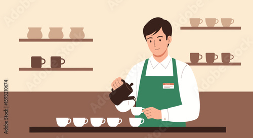 Barista In Cafe Preparing Coffee Orders For Customers In Minimalist Illustration
