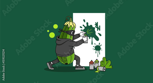 Creative Pickle Character Spraying Graffiti Artwork On A Blank Canvas Image