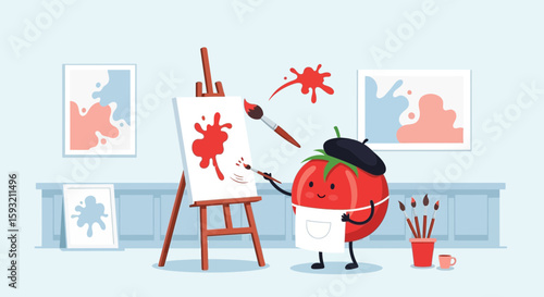 Creative Tomato Character Painting Colorful Abstract Art In Studio Setting