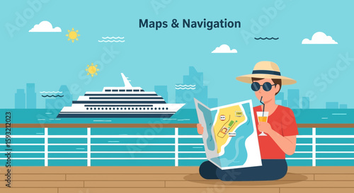 Cruise Vacation Planning With A Map And Drink On A Luxury Ship