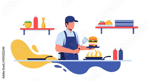 Culinary Artist Prepares a Mouthwatering Burger in Modern Kitchen Setting